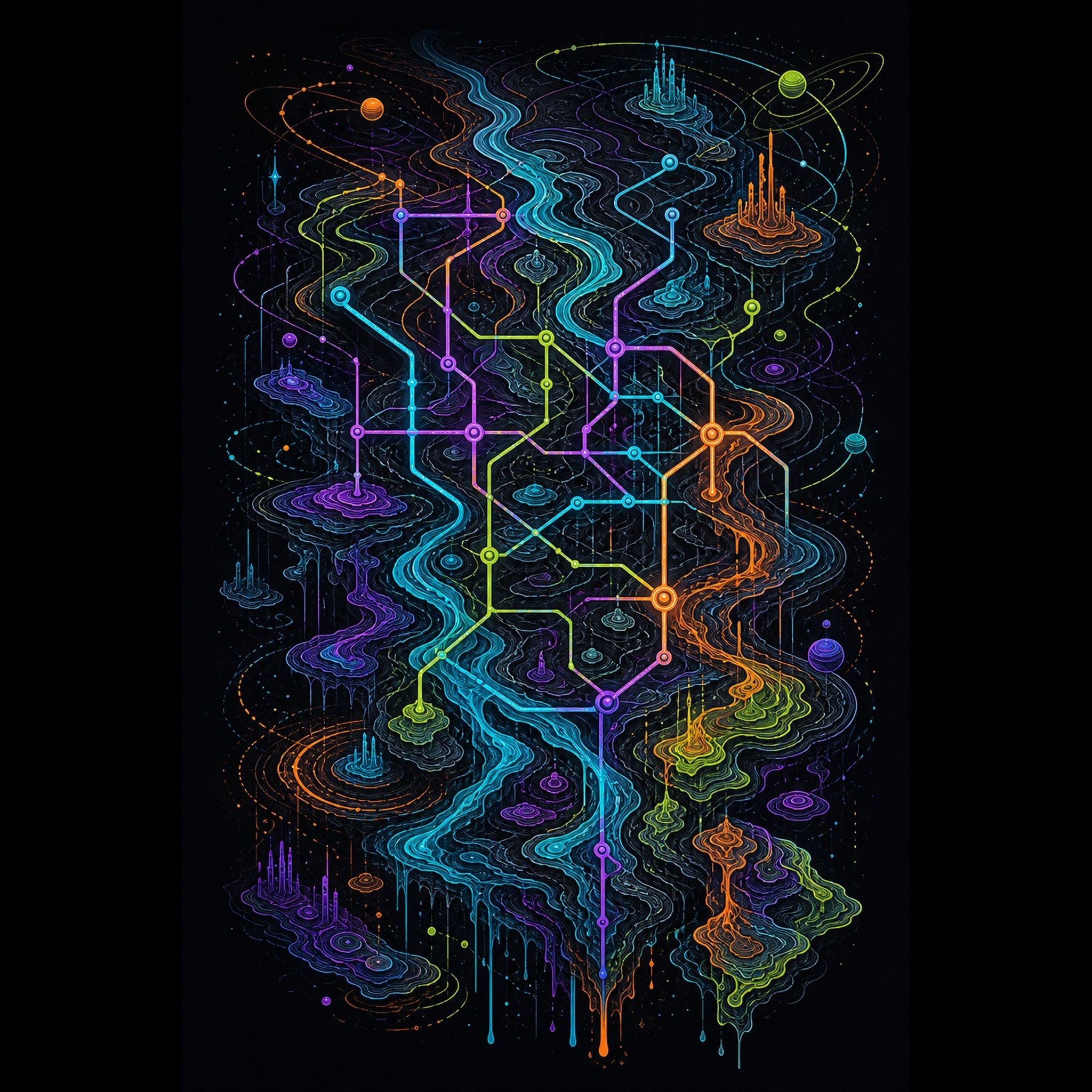 Original TrendTap cosmic cartography piece titled Dissolving Transit Map, prepared as an art print