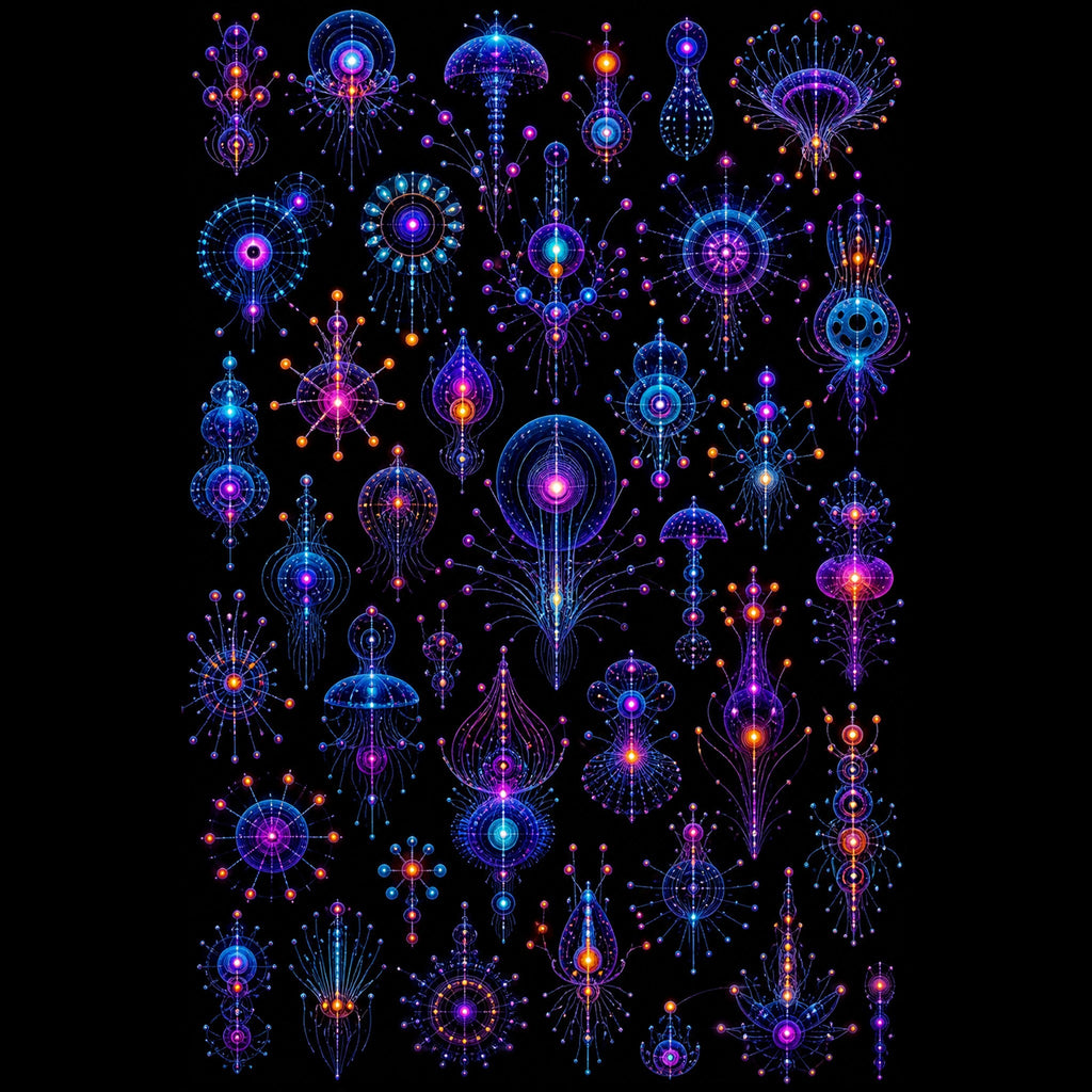 Original TrendTap blacklight creatures piece titled Deep Signal Menagerie, prepared as an art print