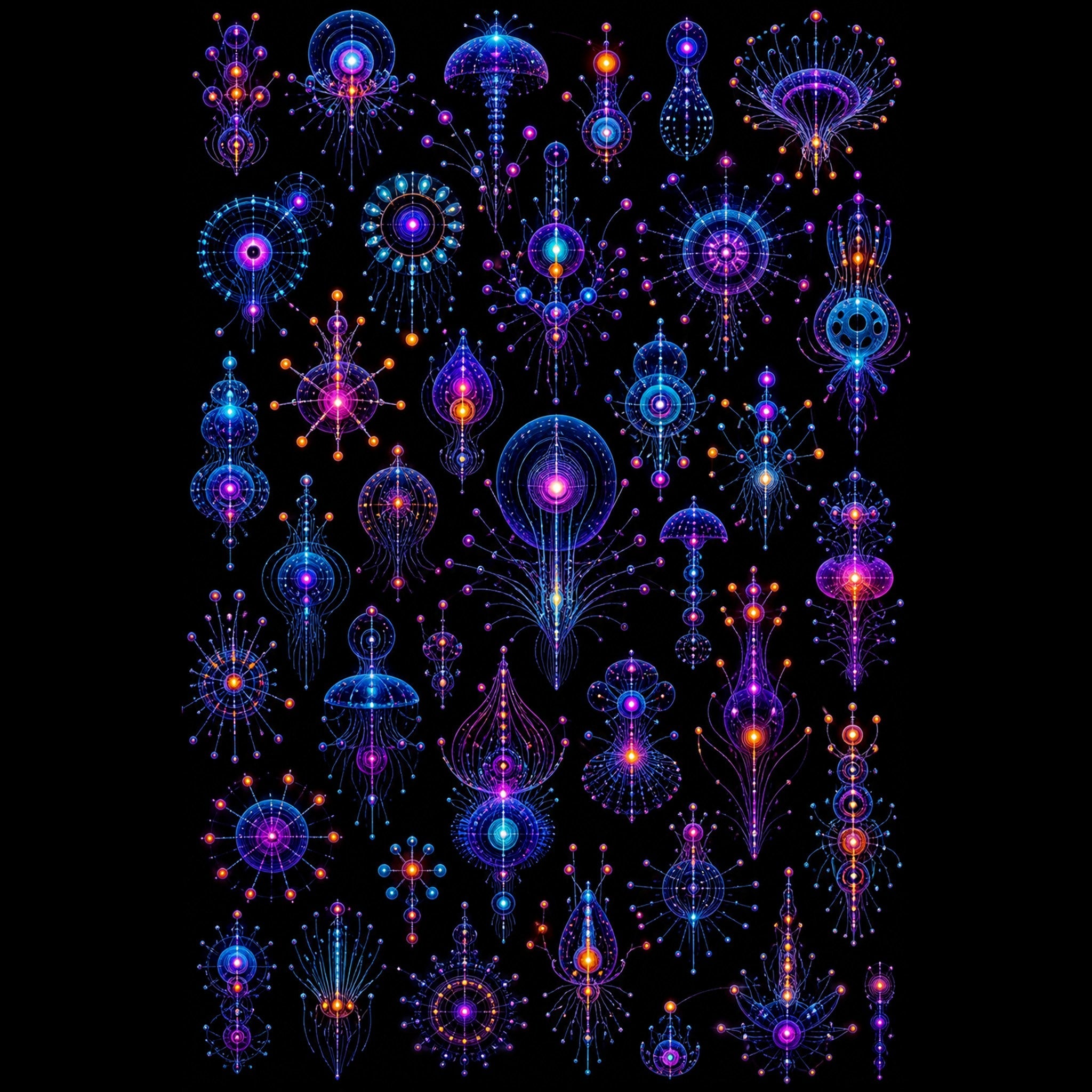Original TrendTap blacklight creatures piece titled Deep Signal Menagerie, prepared as an art print