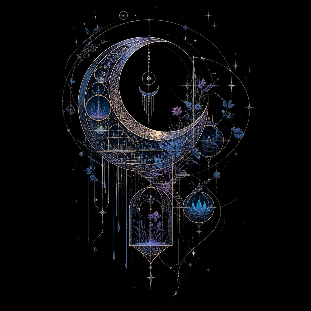 Original TrendTap celestial linework piece titled Threaded Moon Archive, prepared as an art print