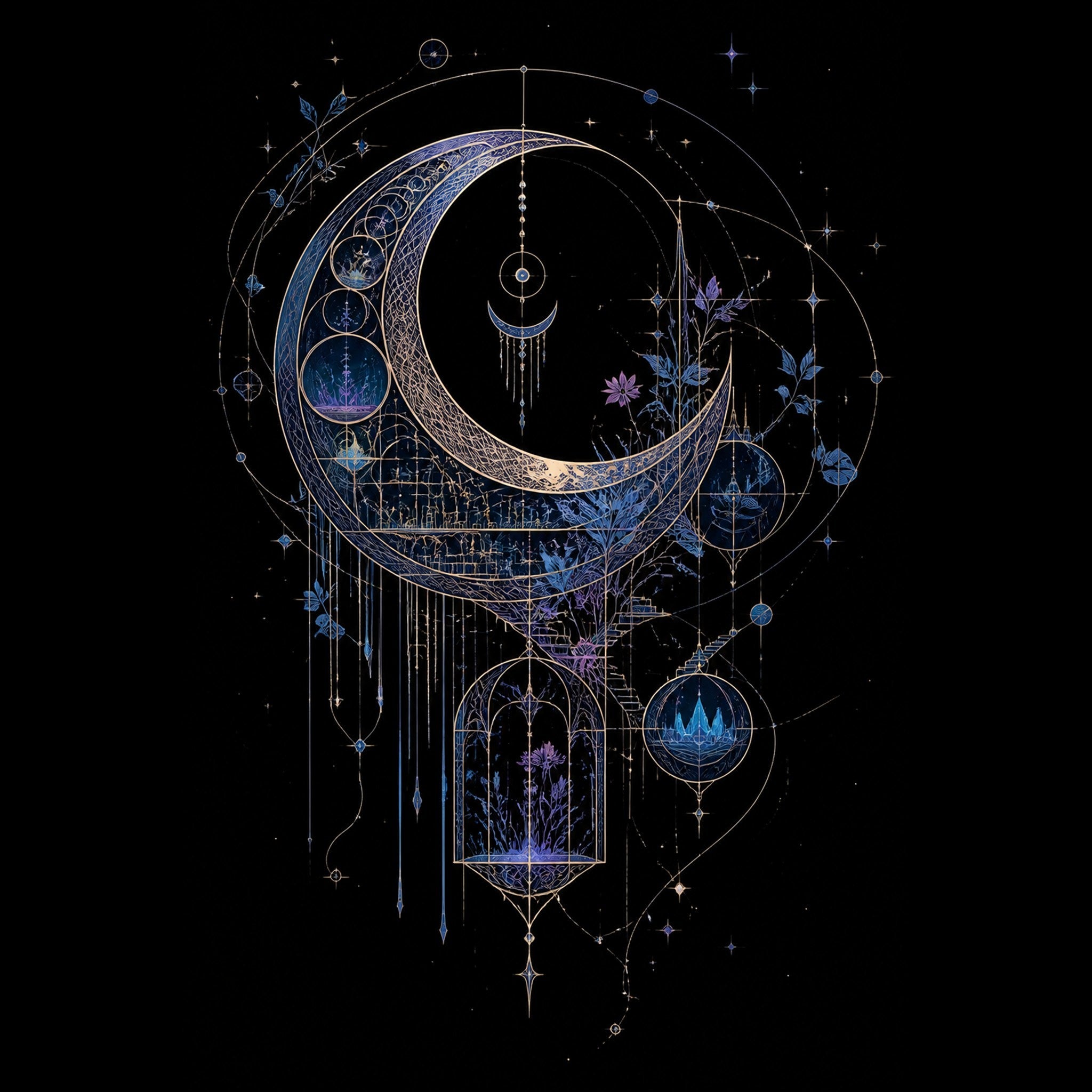 Original TrendTap celestial linework piece titled Threaded Moon Archive, prepared as an art print