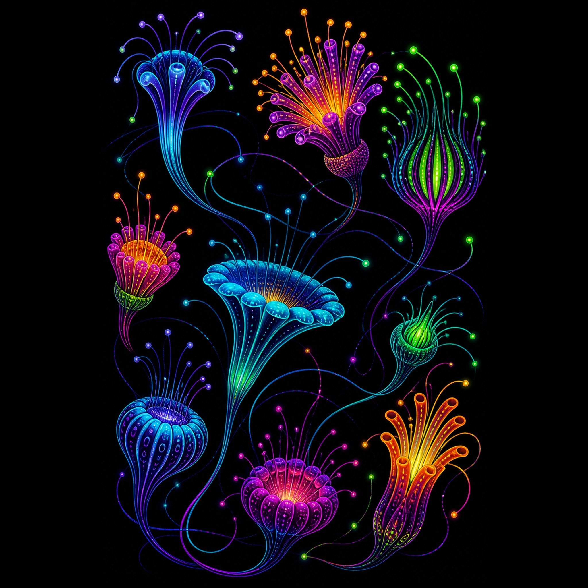 Original TrendTap blacklight creatures piece titled Blacklight Bloom Relay, prepared as an art print
