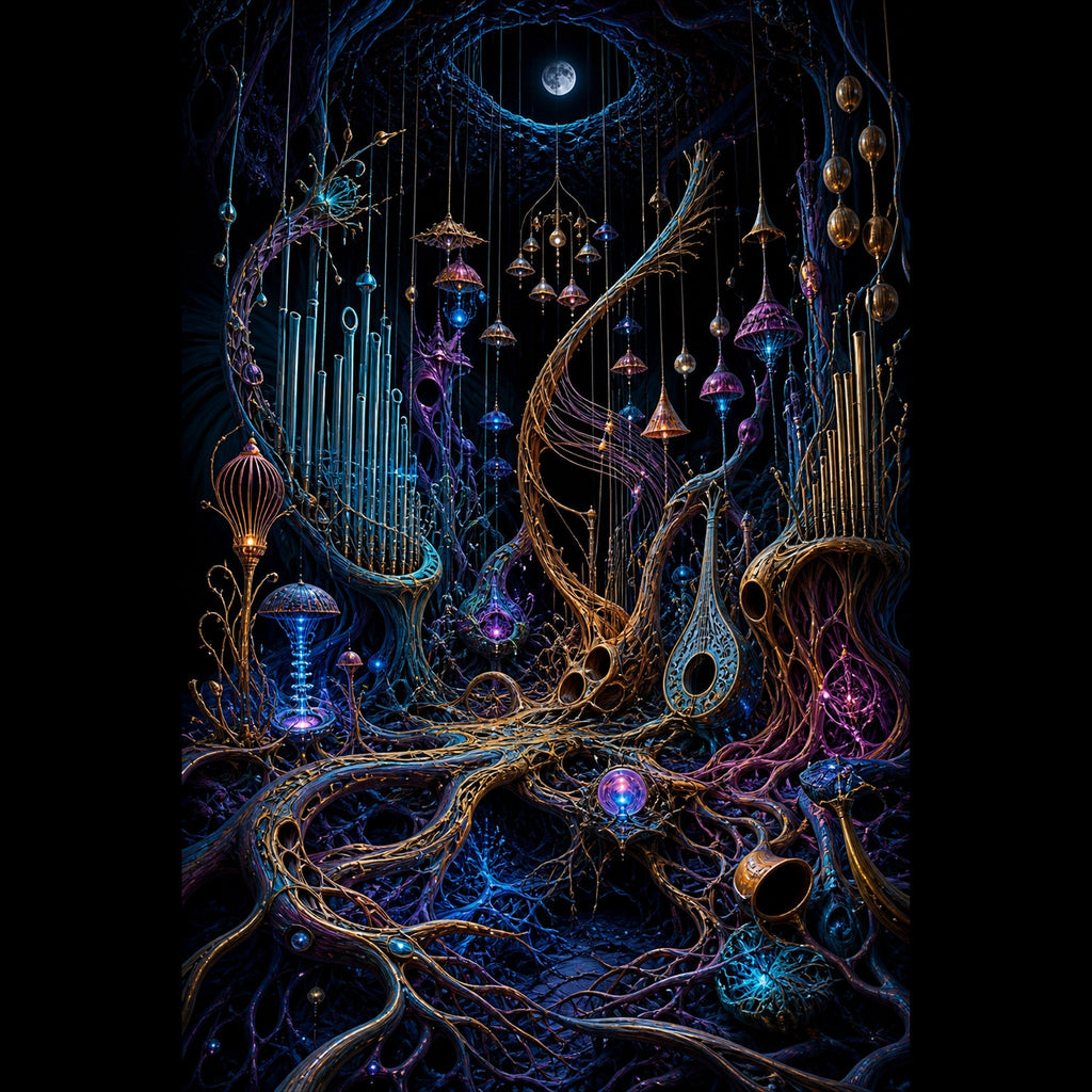 Original TrendTap alien botanical systems piece titled Lunar Root Orchestra, prepared as an art print