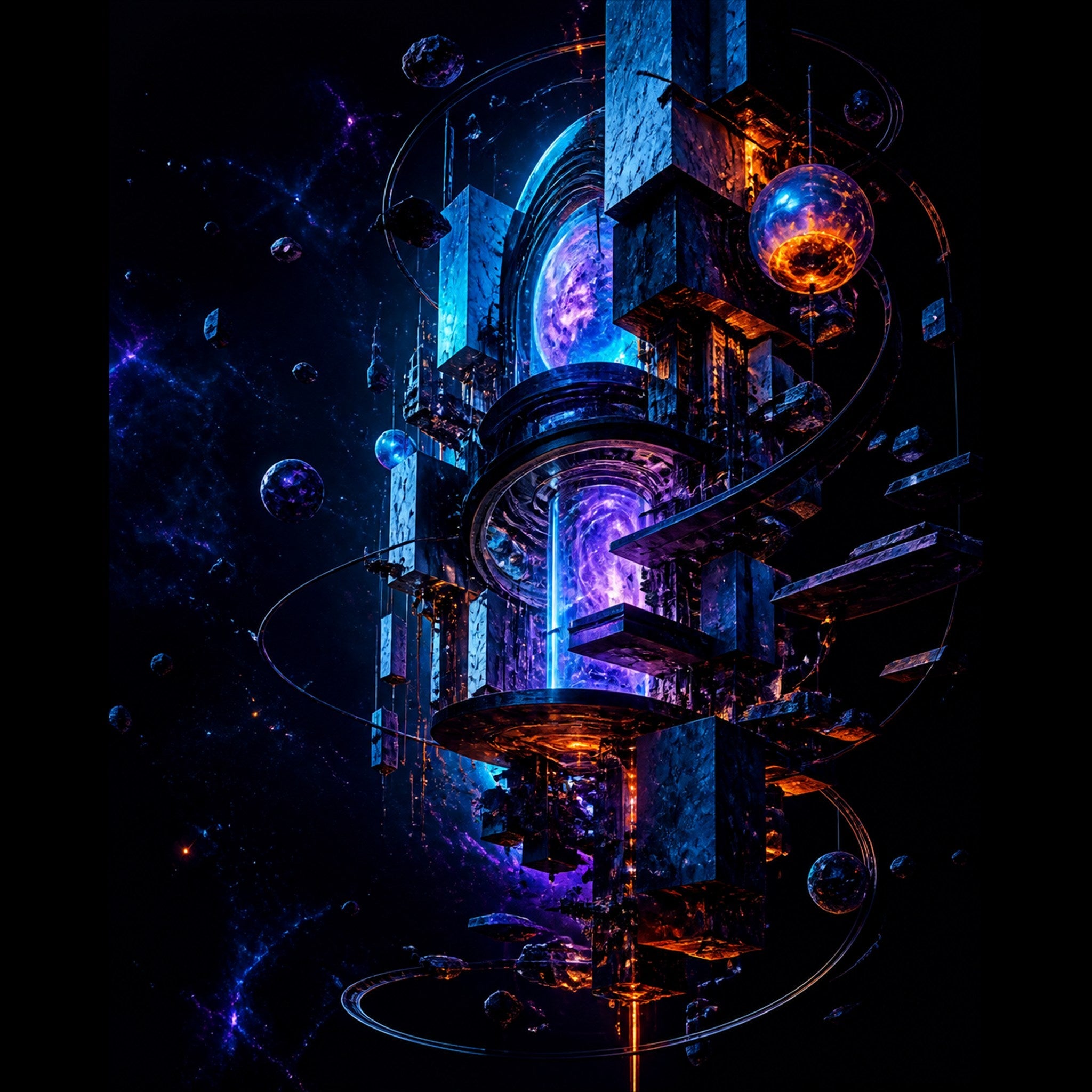 Original TrendTap cosmic architecture piece titled Orbiting Archive Engine, prepared as an art print