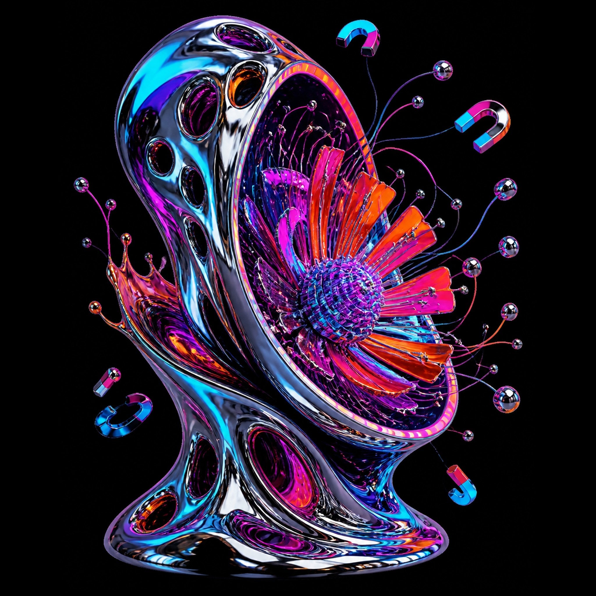 Original TrendTap chrome vessels piece titled Magnetic Bloom Vessel, prepared as an art print