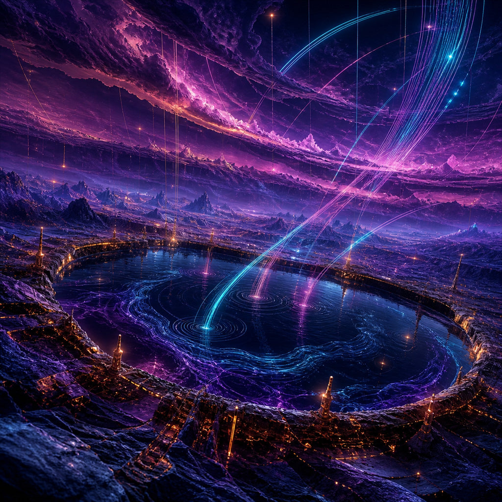 Original TrendTap cosmic transmissions piece titled Dusk Relay Basin, prepared as an art print