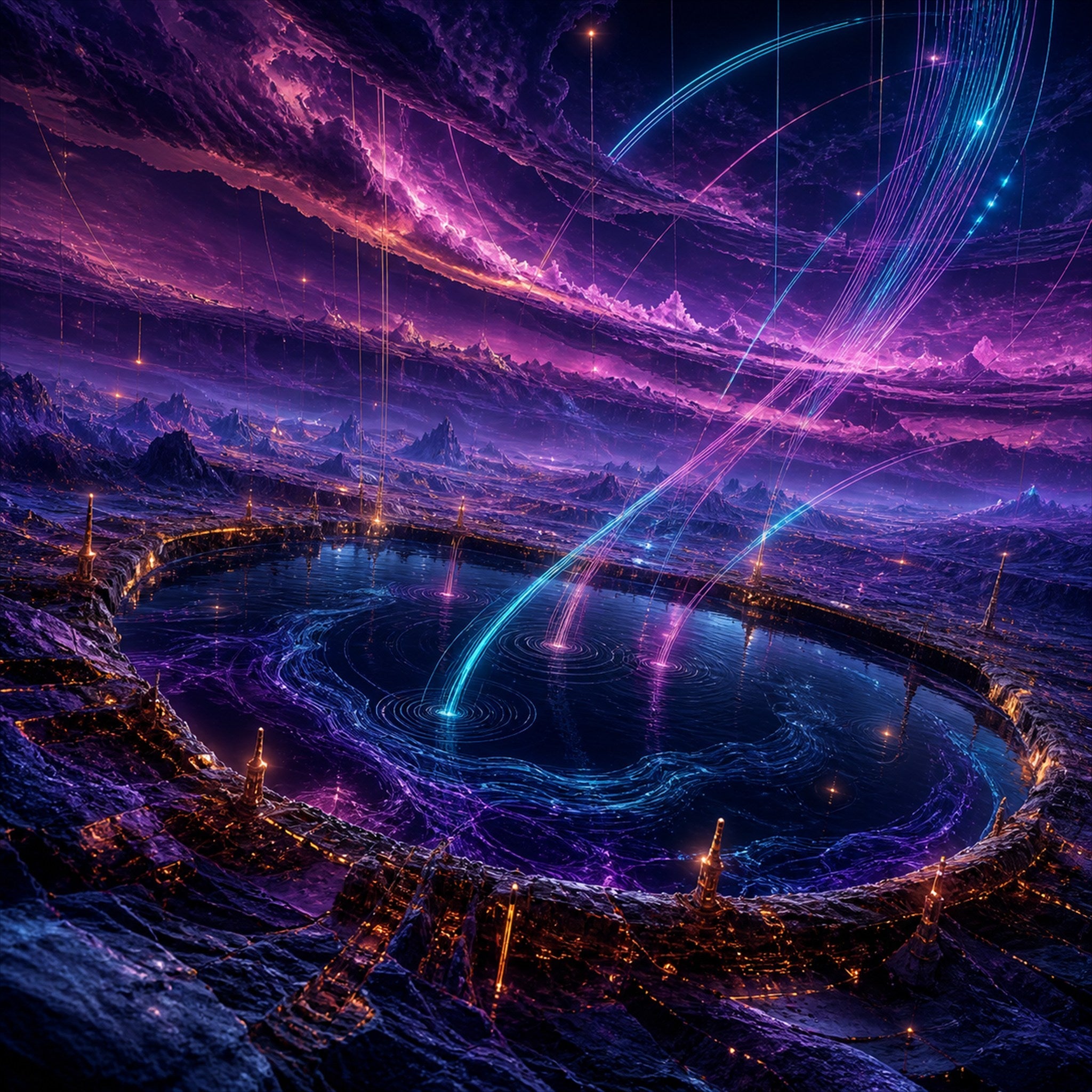 Original TrendTap cosmic transmissions piece titled Dusk Relay Basin, prepared as an art print