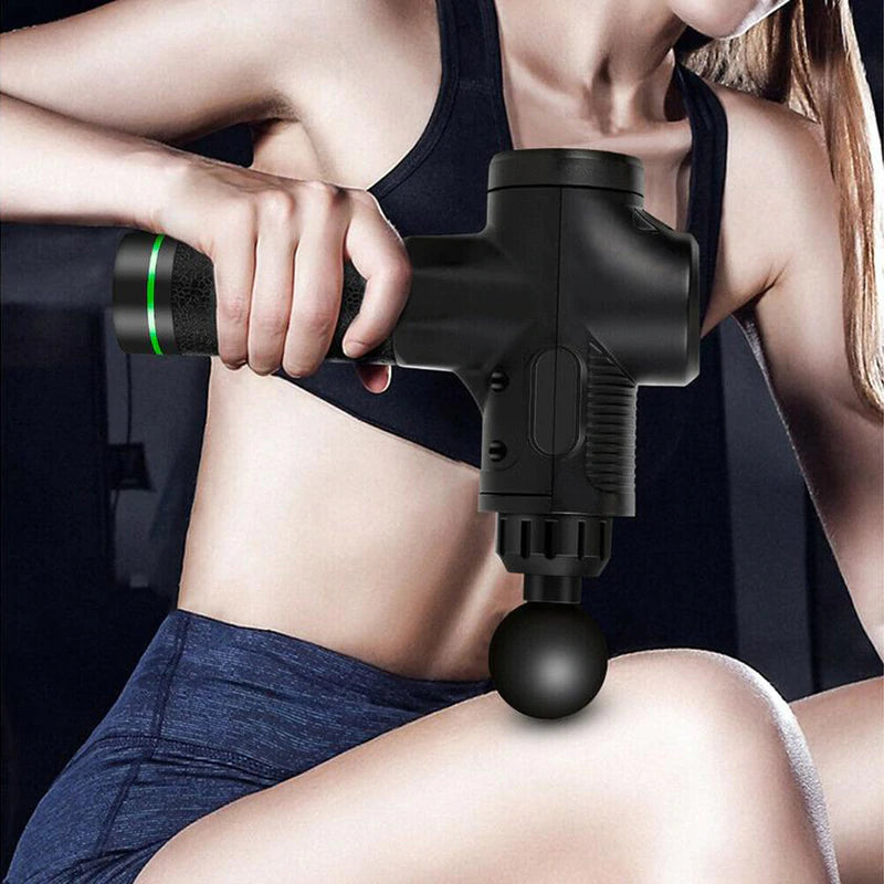 LCD rechargeable deep tissue massage gun with 6 attachment heads alternate angle