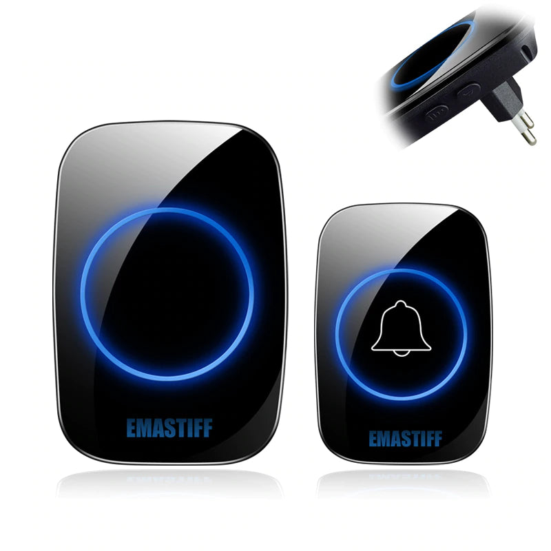 Wireless home doorbell kit with plug-in receiver and remote button detail view