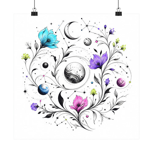 Astral Ink Garden satin art print displayed with black binder clips