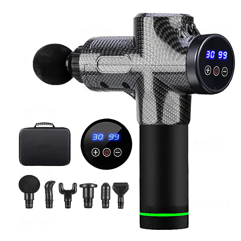 LCD rechargeable deep tissue massage gun with 6 attachment heads setup view