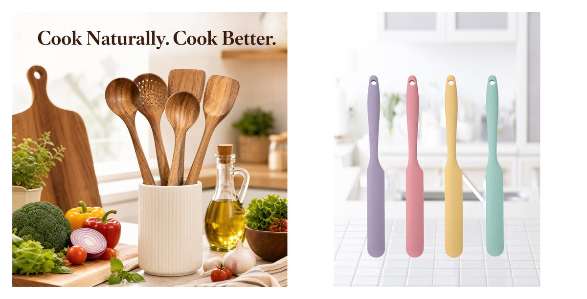 Kitchen Starter Duo bundle: wooden utensil set and silicone kitchen scraper