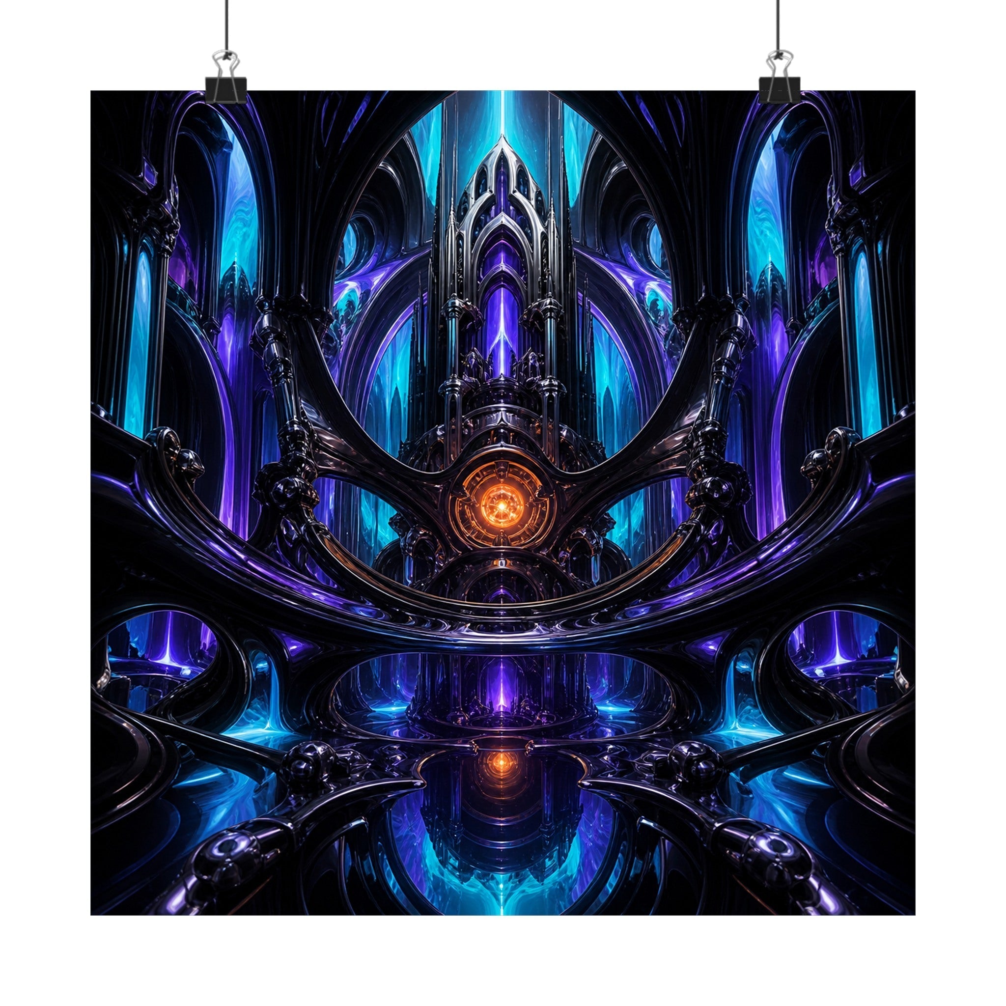 Cathedral of Soft Machines satin art print displayed with black binder clips
