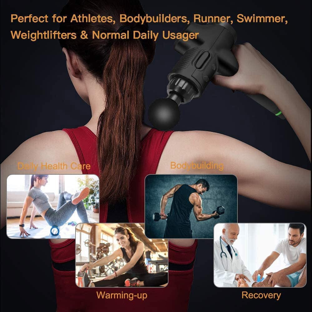LCD rechargeable deep tissue massage gun with 6 attachment heads usage example