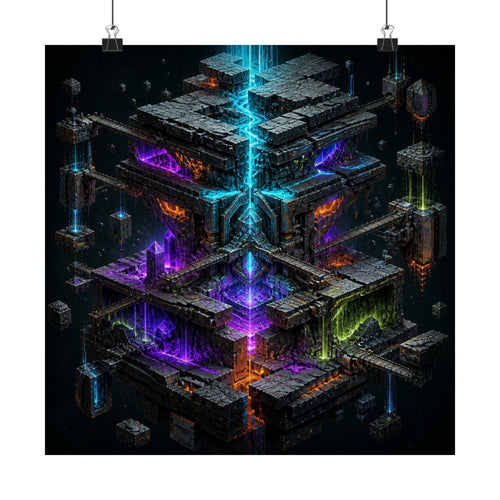 Chromatic Tectonics satin art print displayed with black binder clips