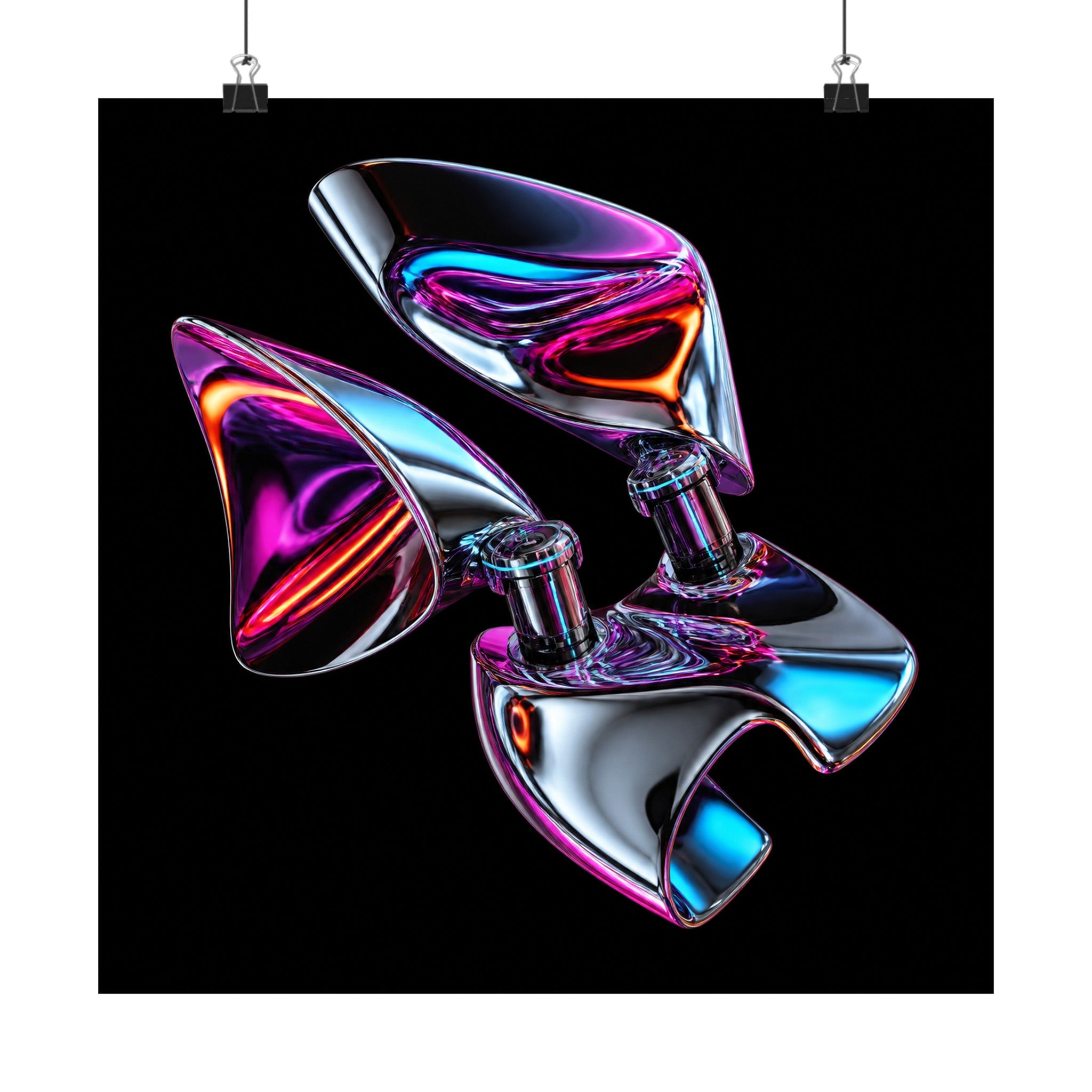 Chrome Hinge Bloom satin art print displayed with black binder clips