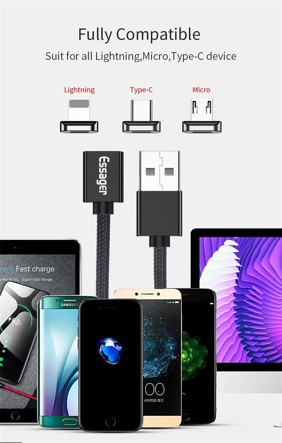 Magnetic nylon charging cable set with swappable connector tips alternate angle