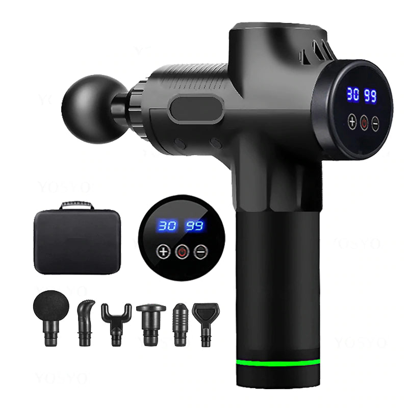LCD rechargeable deep tissue massage gun with 6 attachment heads product comparison view