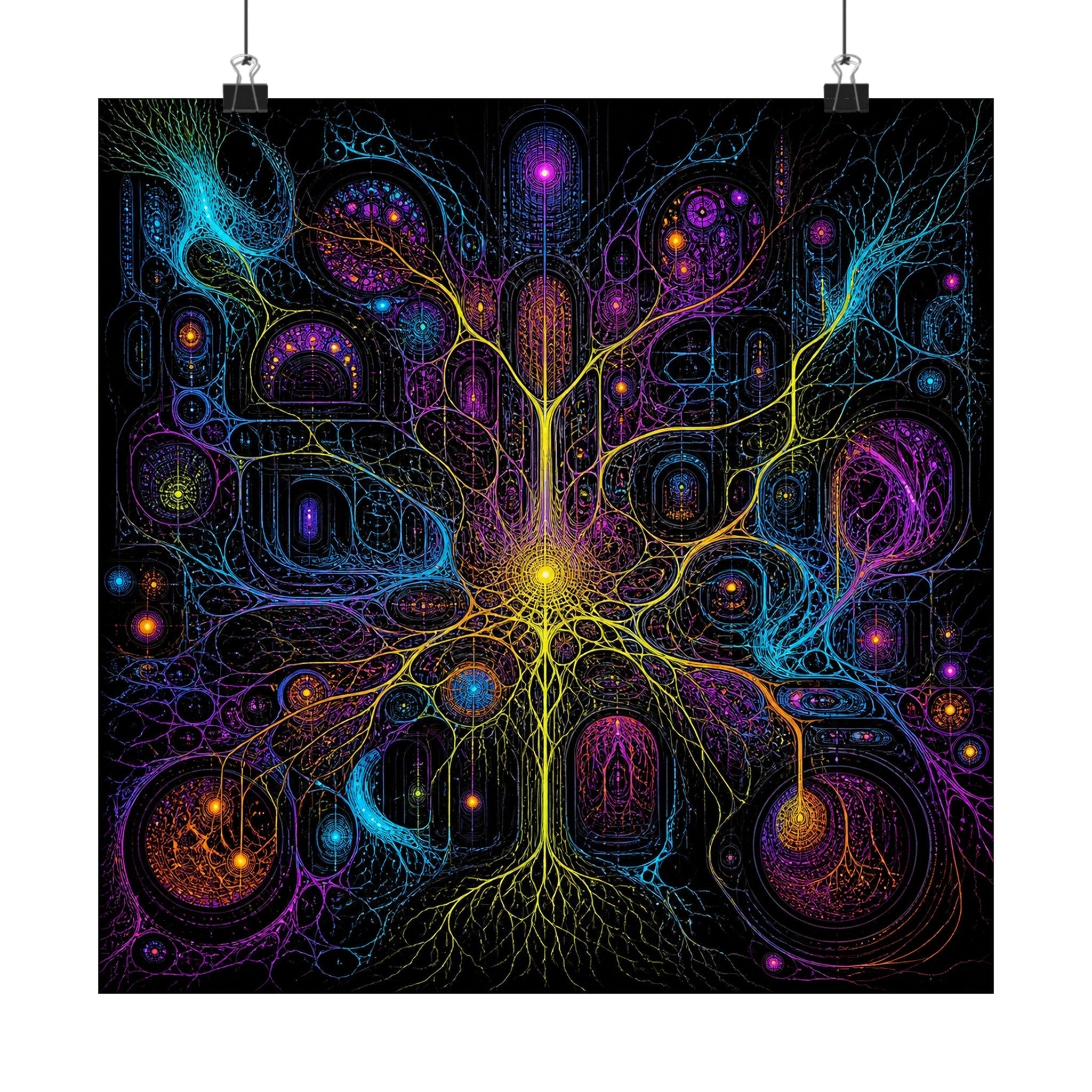 Electric Mycelium Bureau satin art print displayed with black binder clips