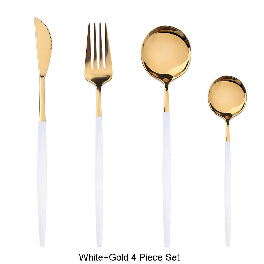 4-piece stainless steel two-tone flatware cutlery set setup view