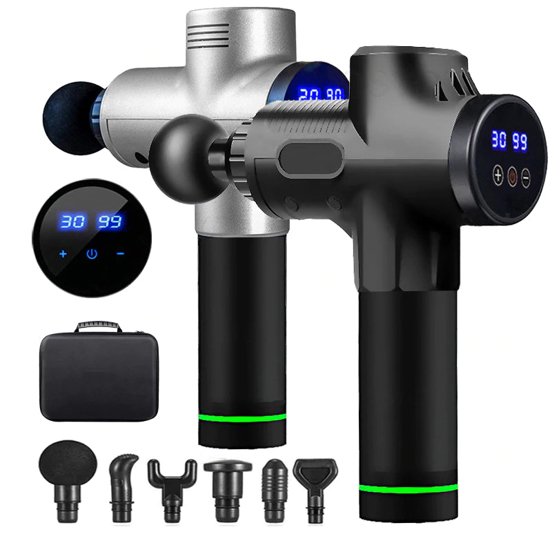 LCD rechargeable deep tissue massage gun with 6 attachment heads main product view