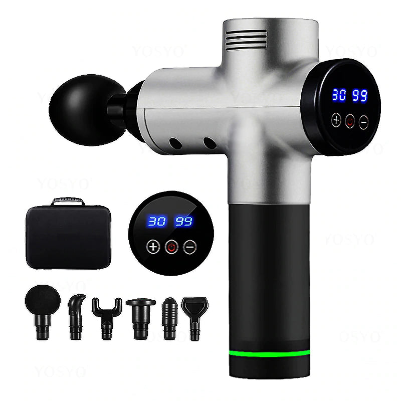 LCD rechargeable deep tissue massage gun with 6 attachment heads packaging or kit view