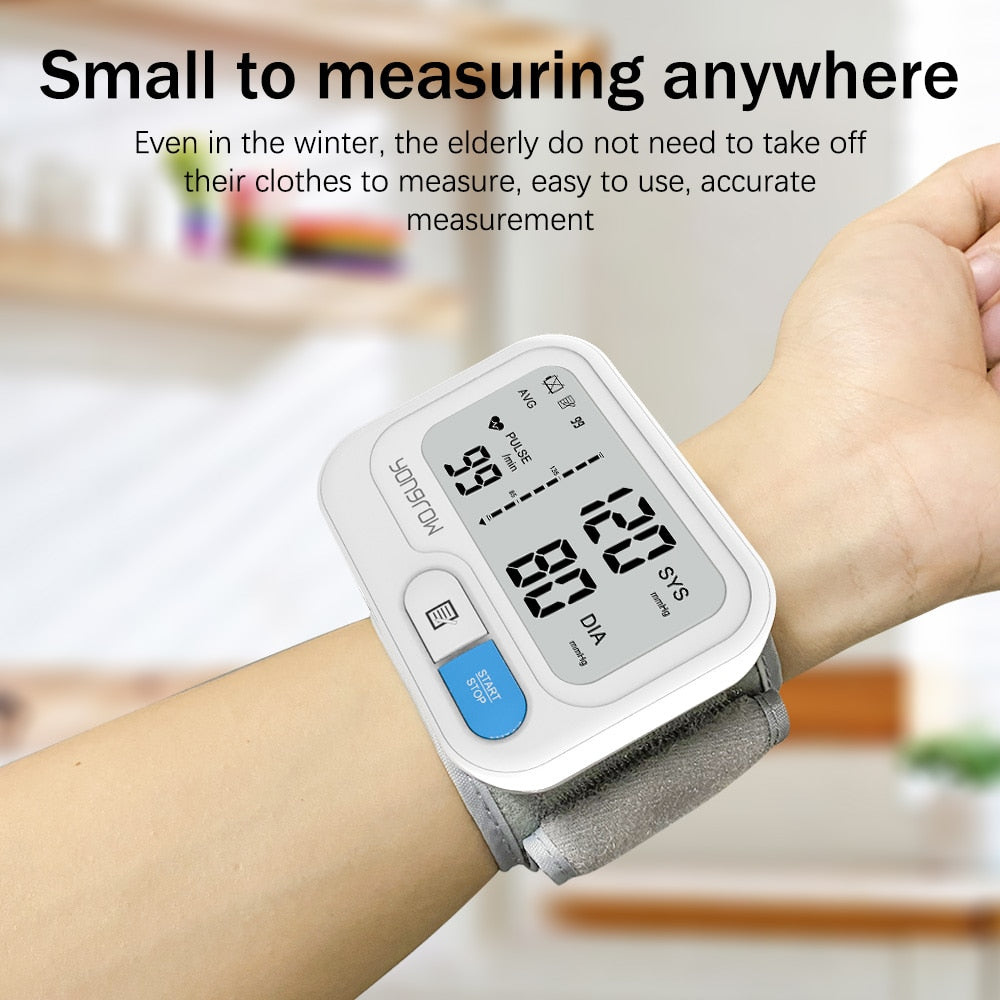 Digital wrist blood pressure monitor with portable LCD display detail view