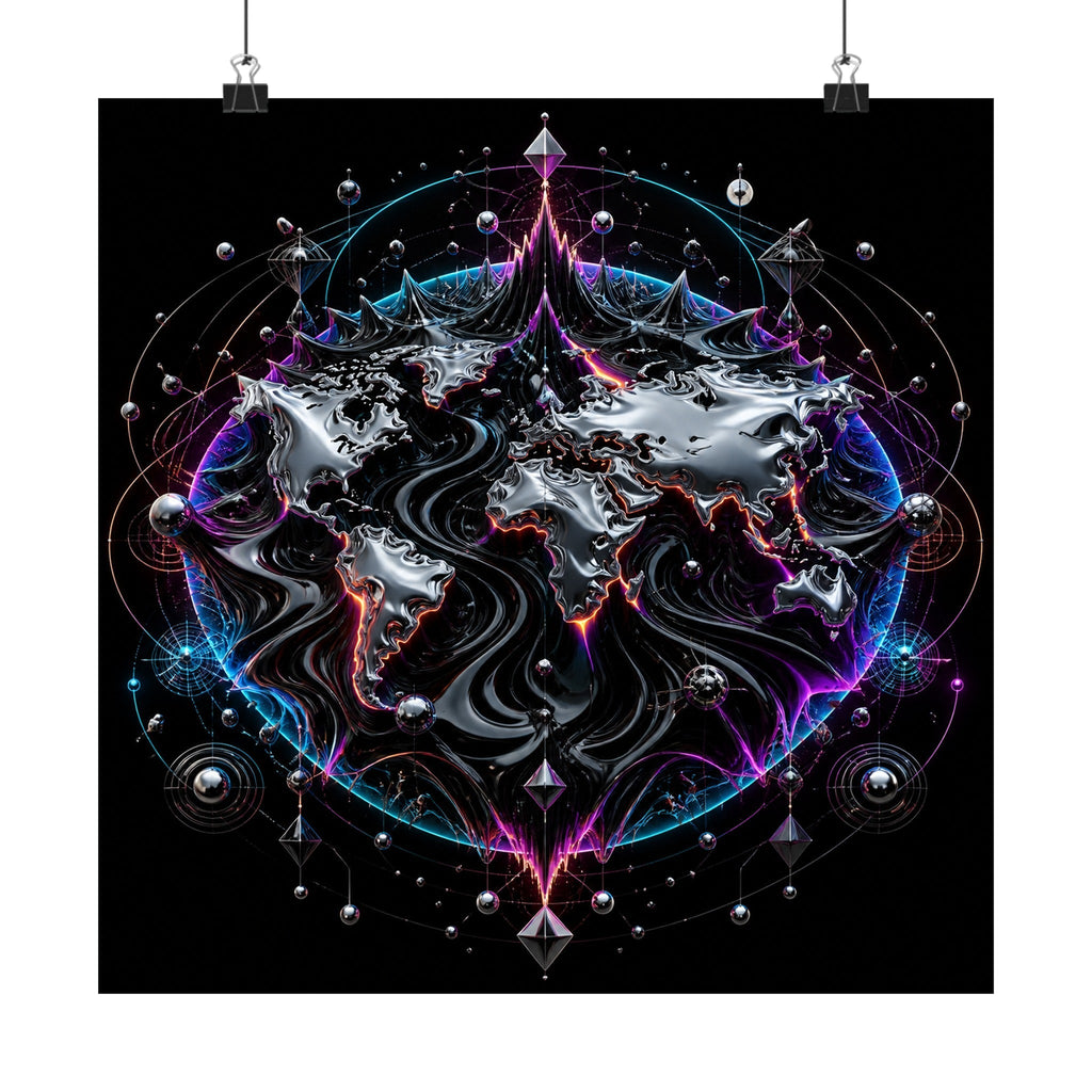 Ferrofluid Atlas satin art print displayed with black binder clips