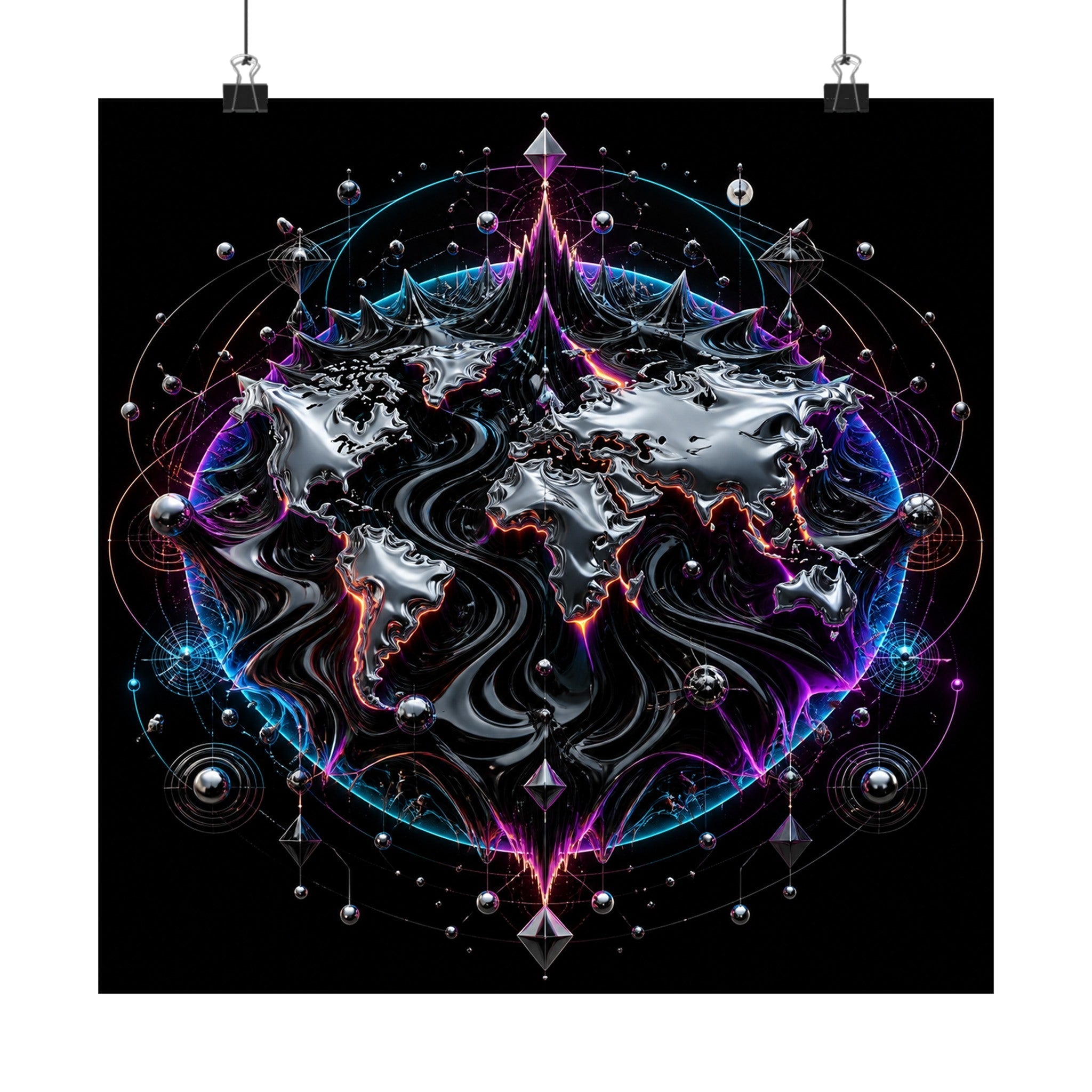 Ferrofluid Atlas satin art print displayed with black binder clips