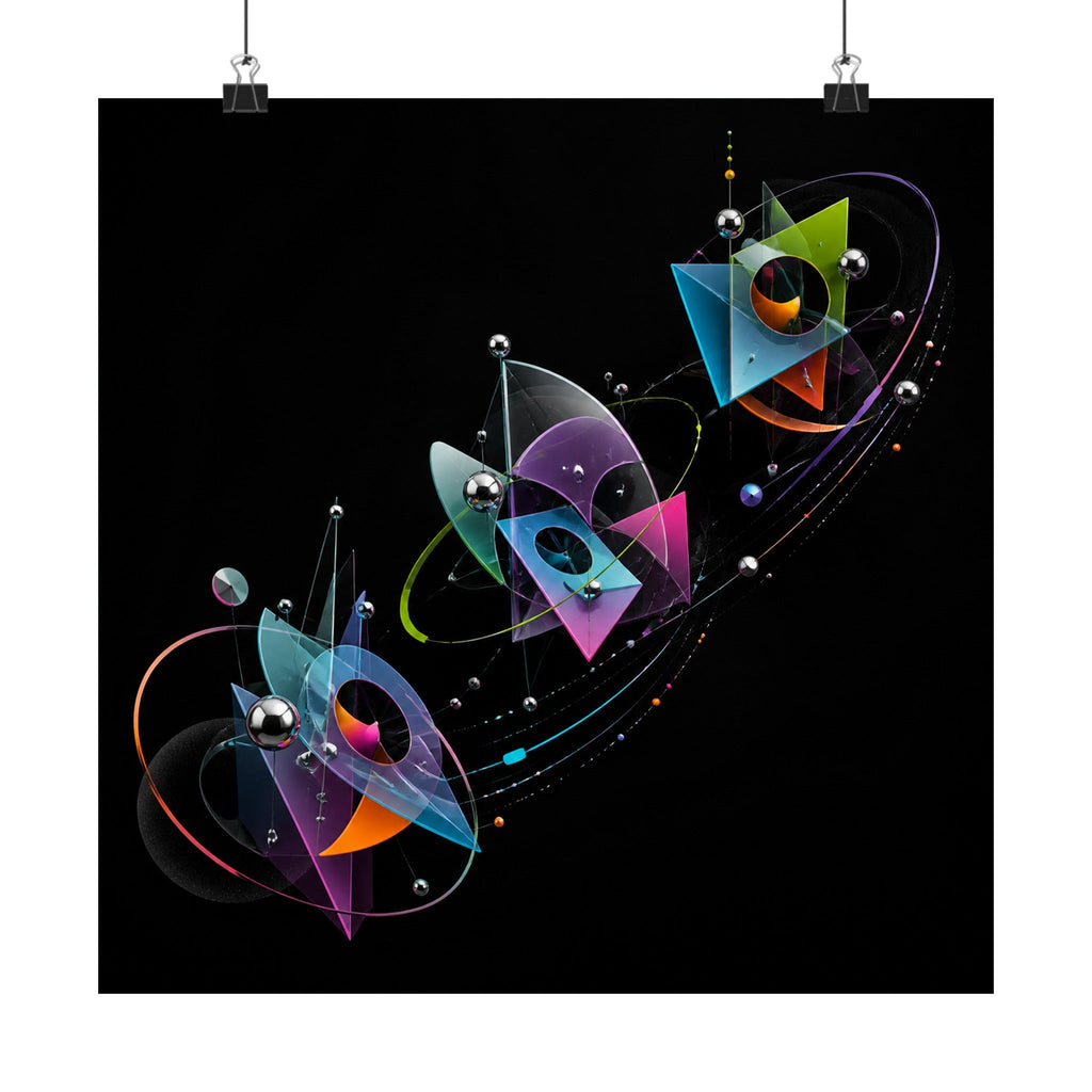 Geometric Migration satin art print displayed with black binder clips