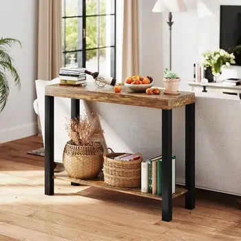 Two-tier rustic-brown home bar table with open shelves