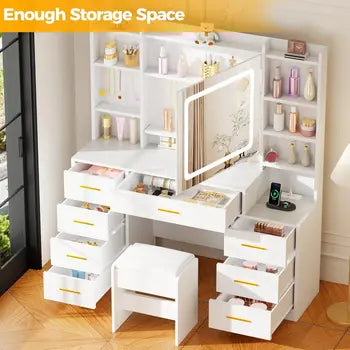 Vanity desk storage and mirror lighting