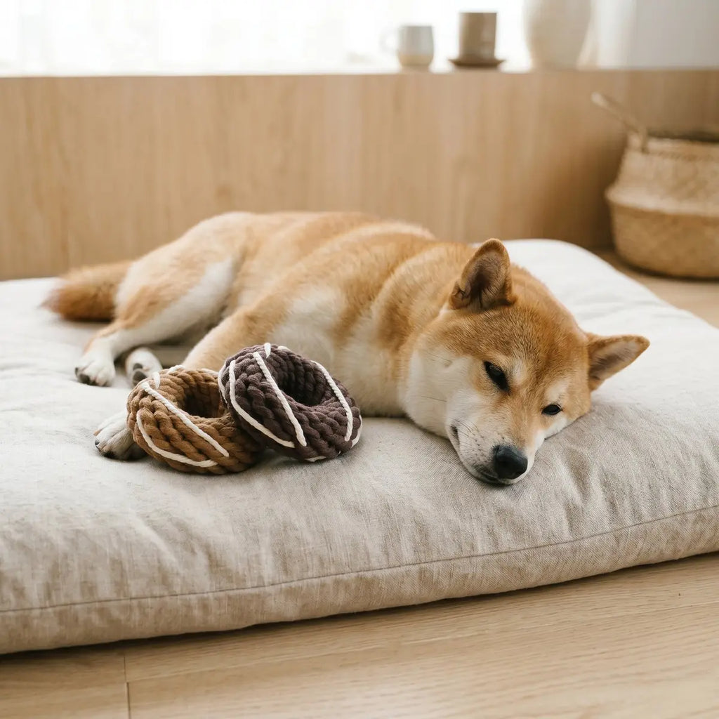 Dog resting beside two handcrafted rope donut toys