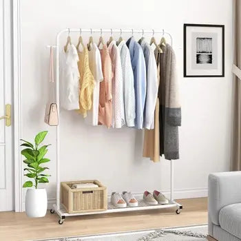 White modern rolling garment rack with lockable wheels