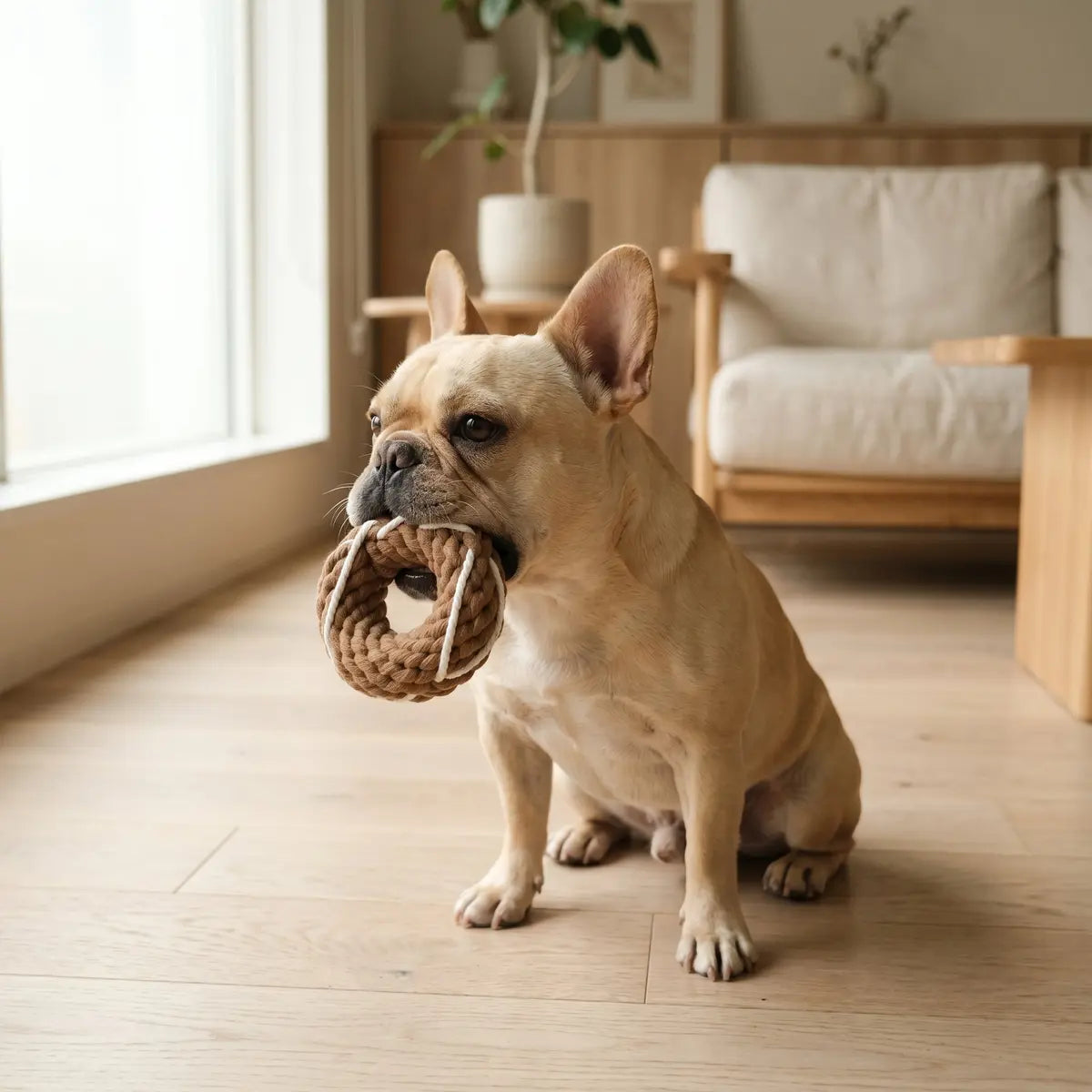 Small dog holding a caramel rope donut toy