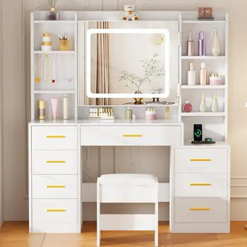 White vanity desk in a bedroom setting