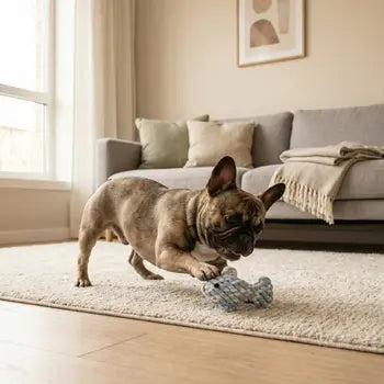 Small dog playing with a fish-shaped rope toy