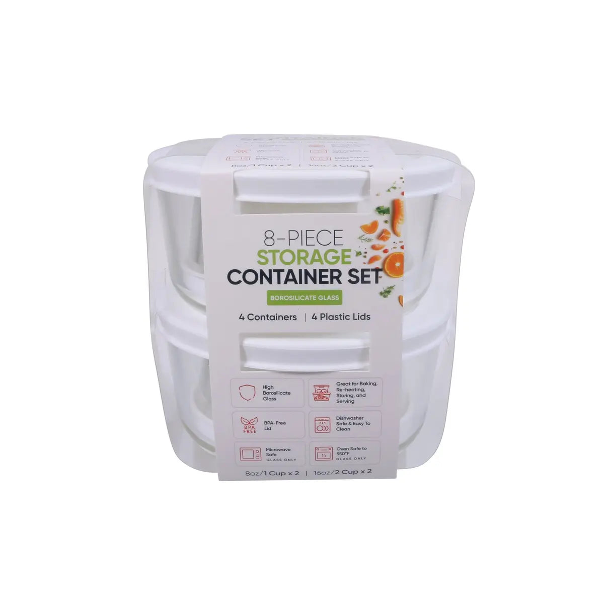 Eight-piece round glass food storage container set with white lids