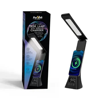 3-in-1 LED desk lamp with wireless charging pad and digital clock