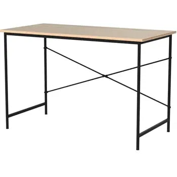 Oak-finish home office desk with black metal frame