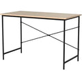 Oak-finish home office desk with black metal frame