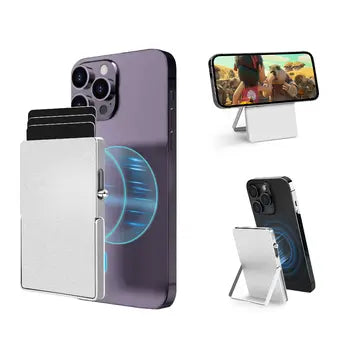 Magnetic RFID-blocking phone wallet with adjustable stand