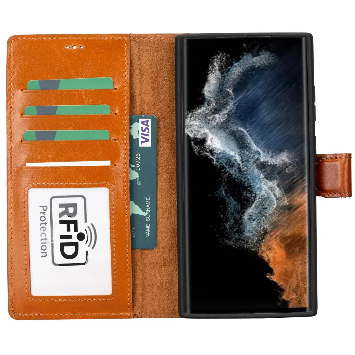 Galaxy S23 Ultra fitted inside tan leather wallet case