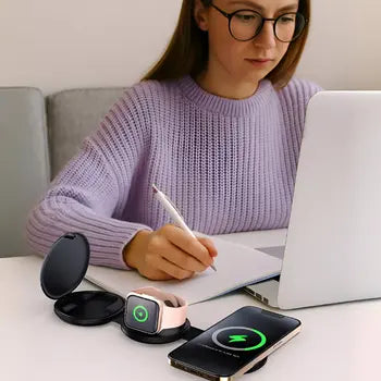 Folding wireless charging station used on a desk