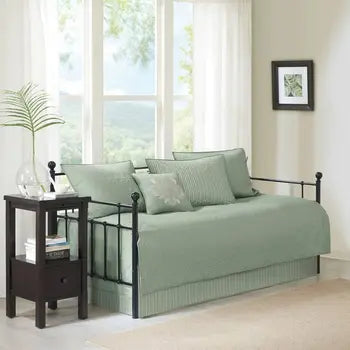 Reversible seafoam-green daybed bedding details