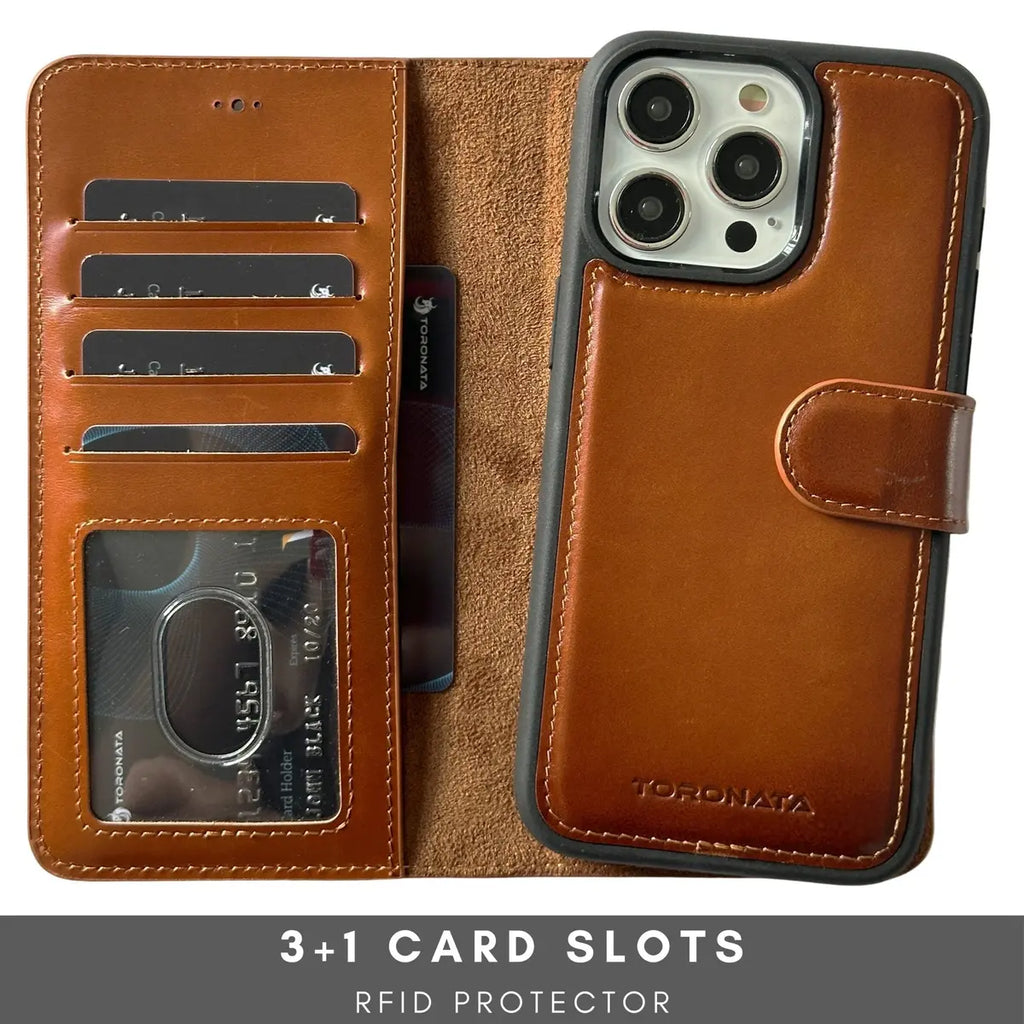 Card storage inside tan iPhone 15 leather wallet case