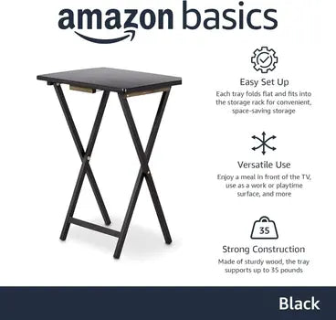 Black folding tray table open and folded