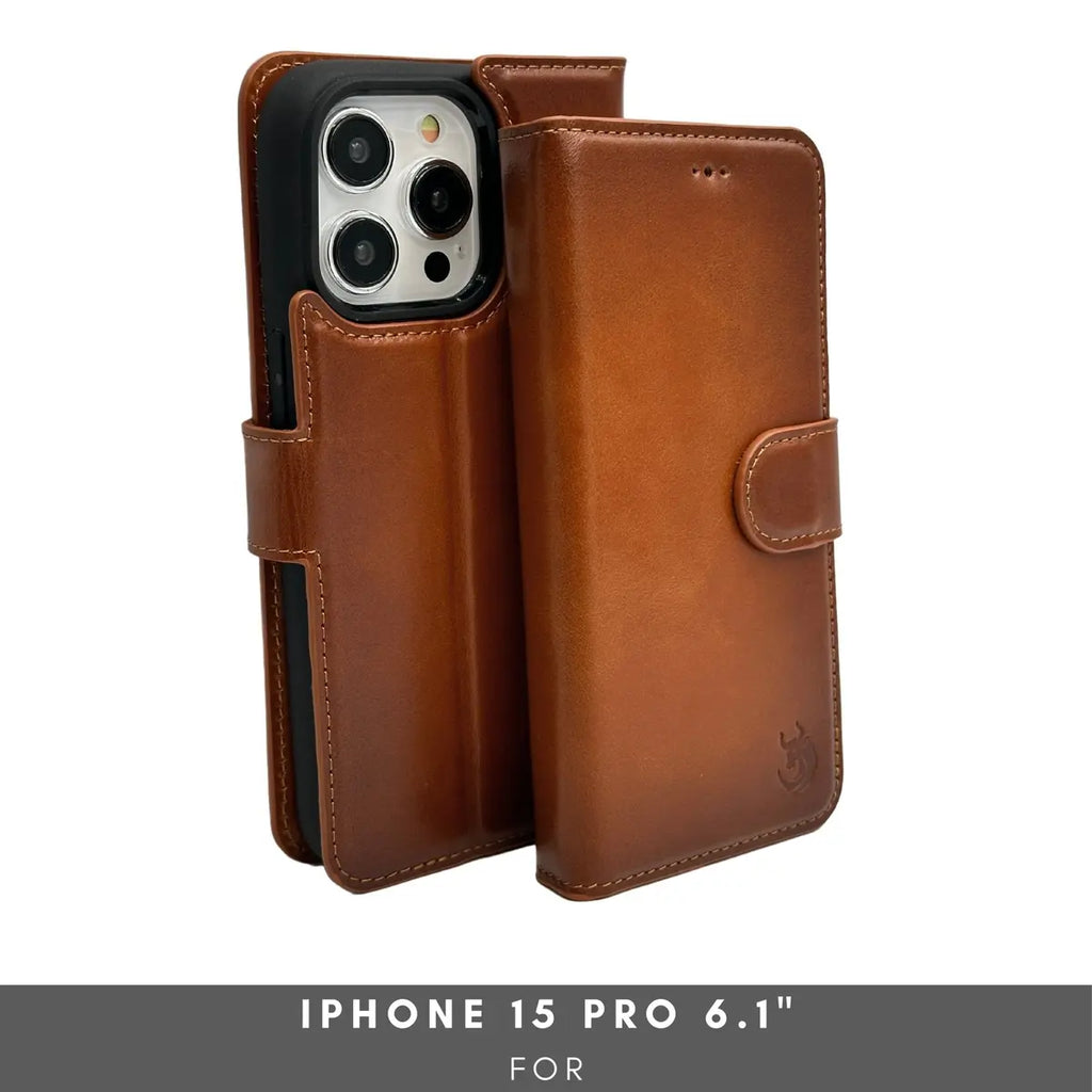 iPhone 15 Pro fitted in tan leather wallet case