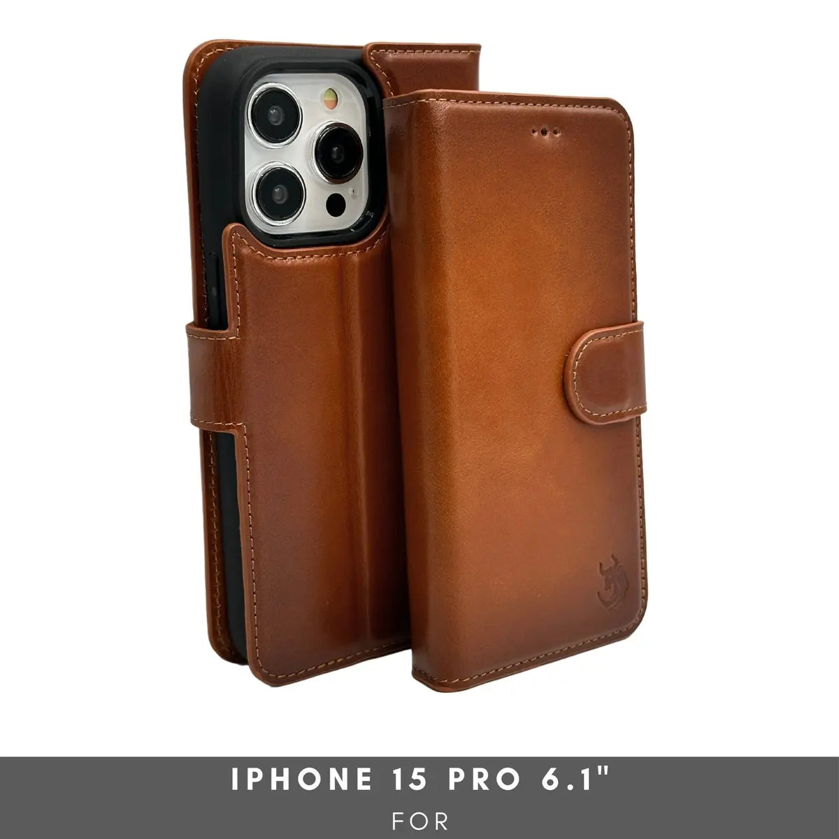 iPhone 15 Pro fitted in tan leather wallet case