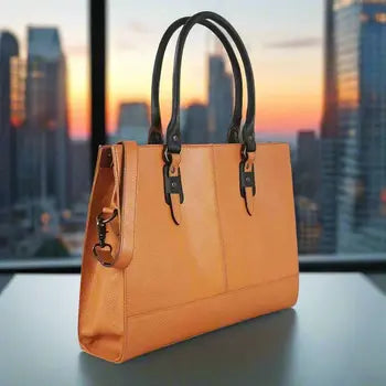 Leather laptop bag side and handle details